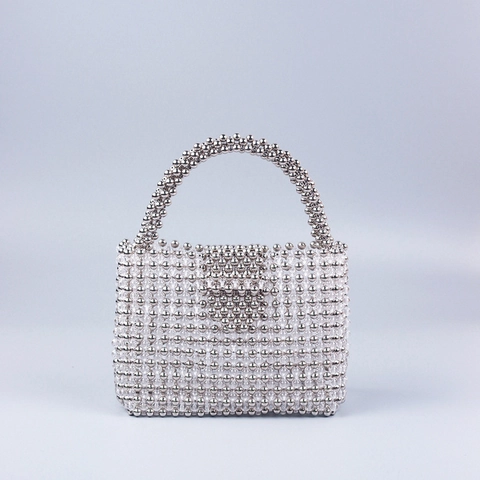 Handmade Beaded Handbag Acrylic Artificial Pearl Style Vintage Tote For Women Evening Party Street Fashion Trendy Silver Color