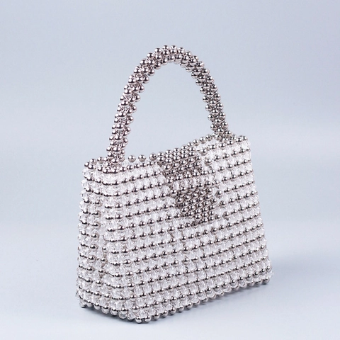 Handmade Beaded Handbag Acrylic Artificial Pearl Style Vintage Tote For Women Evening Party Street Fashion Trendy Silver Color