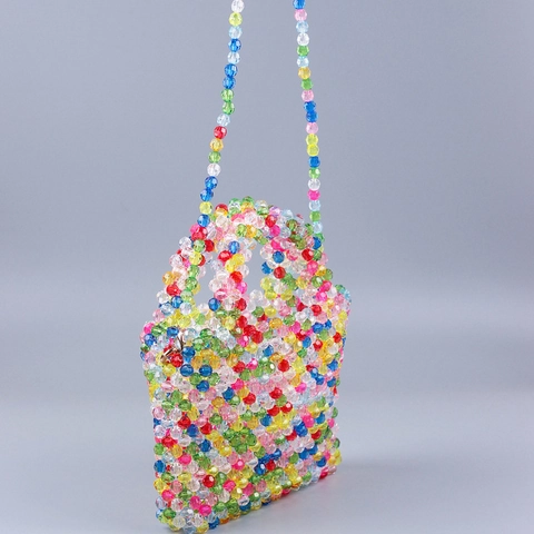 Handgefertigte Bunte Perlen Umhängetasche Acryl Gewebte Transparente Regenbogen Handtasche Vintage Damen Schultertasche