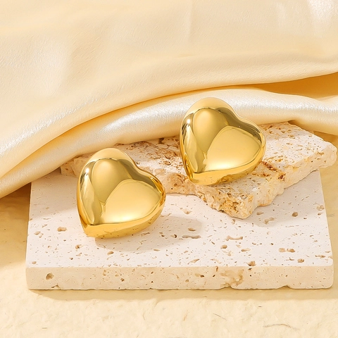 Orecchini A Lobo A Cuore In Acciaio Inossidabile Placcato Oro 18K Tridimensionali Minimalisti Chic Gioielli Per Donna