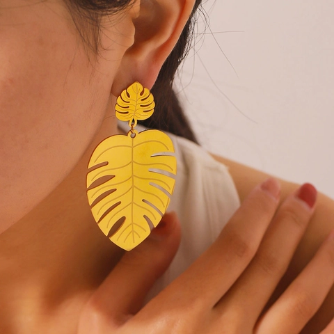 Monstera Blatt Hängeohrringe 18K Vergoldeter Edelstahl Hohl Tropische Pflanze Baumeln Für Damen Eleganter Schmuck