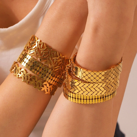 Bracciale Rigido Minimalista In Acciaio Inossidabile Placcato Oro Per Donna Ampio Foglia Geometrica Intrecciata Traforata Gioielli Moda Regalo