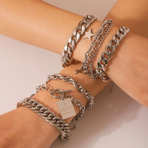 Stainless Steel Cuban Link Bracelet Vintage Double Layer Star Charm Square Tag Toggle Clasp Unisex Jewelry