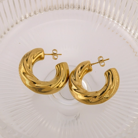 Orecchini A Cerchio Con Texture Torta Acciaio Inossidabile Placcato Oro 18K Geometrici A Forma Di C Gioielli Minimalisti Francesi