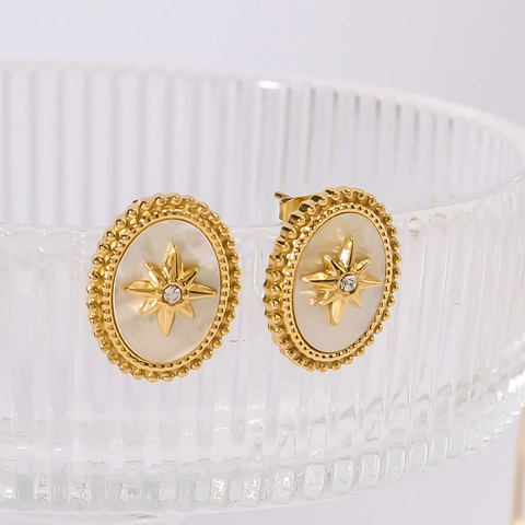 Boucles D'Oreilles Ovales Vintage Acier Inoxydable Plaqué Or 18K Nacre Étoile À Huit Branches Zircon Style Français Femme
