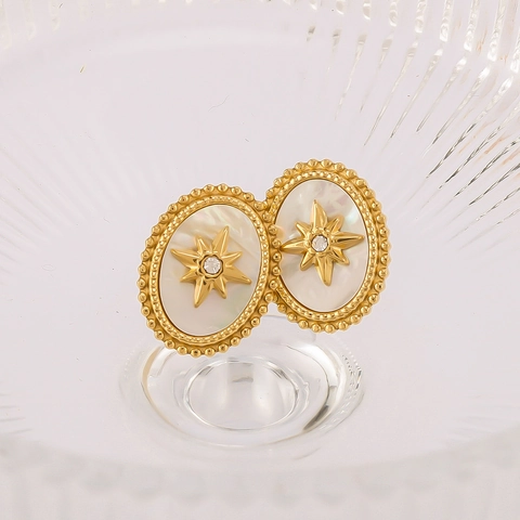 Boucles D'Oreilles Ovales Vintage Acier Inoxydable Plaqué Or 18K Nacre Étoile À Huit Branches Zircon Style Français Femme