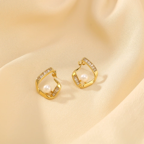 Pendientes De Aro Geométricos Irregulares Para Mujer Acero Inoxidable Chapado En Oro De 18K Con Perla Artificial Y Circón Baguette