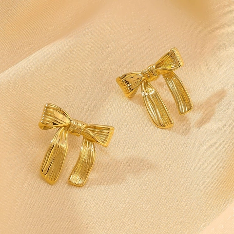 Bow Knot Stud Earrings 18K Gold Plated Stainless Steel Textured Ribbon Design Elegant Vintage Jewelry For Women