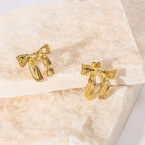 Bow Knot Stud Earrings 18K Gold Plated Stainless Steel Textured Ribbon Design Elegant Vintage Jewelry For Women
