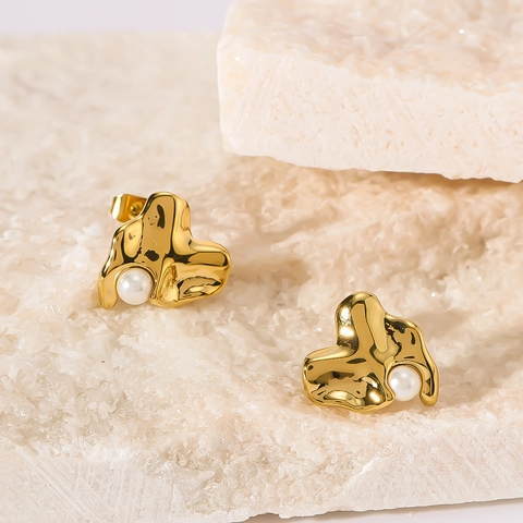 Pendientes De Forma De Lava Irregular Acero Inoxidable Chapado En Oro De 18K Perla Artificial Incrustada Joyería Estilo INS Francés Para Mujeres