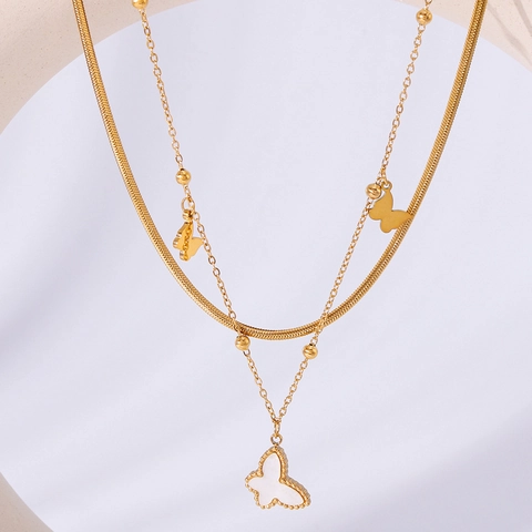 Double Layer Butterfly Pendant Necklace Stainless Steel 18K Gold Plated Mother Of Artificial Pearl Inlaid Zircon Jewelry For Women