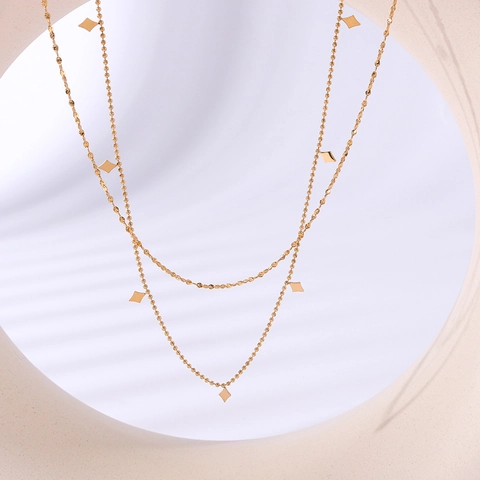 Collier Multi Rangs Pour Femmes Pendentif Losange Acier Inoxydable Plaqué Or 18K Chaîne À Billes Style Géométrique
