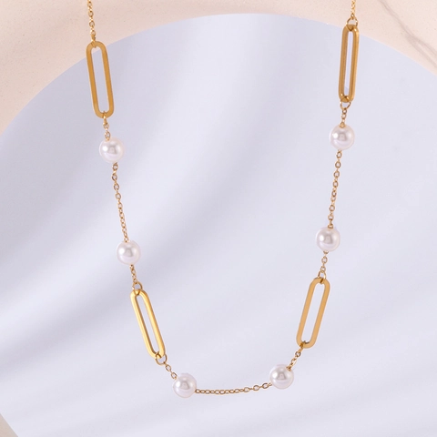 Artificial Pearl Pendant Necklace 18K Gold Plated Stainless Steel Hollow Rectangle French Ins Style Elegant Jewelry For Women
