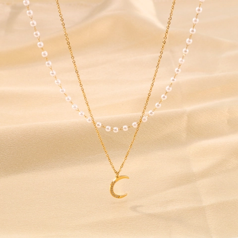 Double Layer Necklace Stainless Steel 18K Gold Plated Crescent Moon Pendant Zircon Imitation Artificial Pearl Chic Elegant Jewelry Women