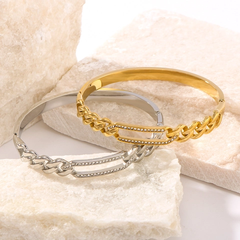 Vintage Rechteck Hohlmuster Armreif Edelstahl 18K Vergoldet Panzerkette Strass Armband Für Damen