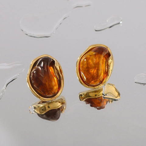 Pendientes De Botón Redondos Irregulares De Resina Ámbar Acero Inoxidable 304 Bañado En Oro 18K Joyería Geométrica Para Mujeres
