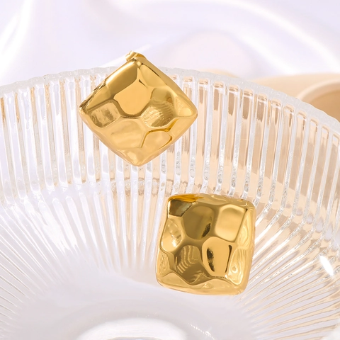 Square Stud Earrings 18K Gold Plated Stainless Steel Hammered Texture Geometric Puckered Minimalist Fashion For Women