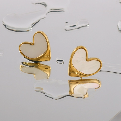 Boucles Doreilles Coeur En Acier Inoxydable Plaqué Or 18K Incrustation Nacre Bijoux Minimalistes Pour Femmes