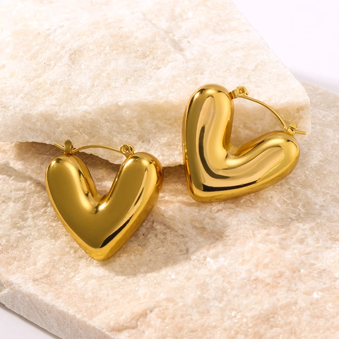 Chunky Hart Ring Oorbellen 18K Verguld Roestvrij Staal Hol 3D Hoogglans Gepolijst Mode Sieraden Dames