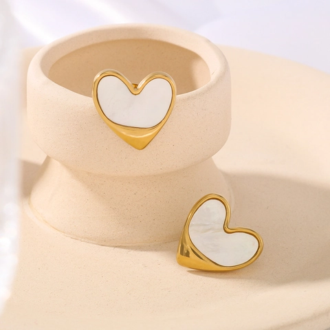 Boucles Doreilles Coeur En Acier Inoxydable Plaqué Or 18K Incrustation Nacre Bijoux Minimalistes Pour Femmes