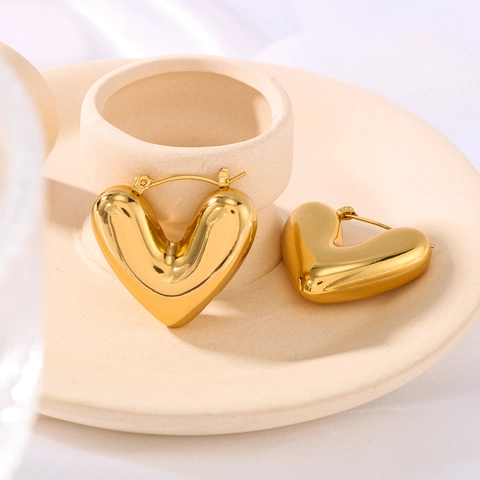 Chunky Hart Ring Oorbellen 18K Verguld Roestvrij Staal Hol 3D Hoogglans Gepolijst Mode Sieraden Dames