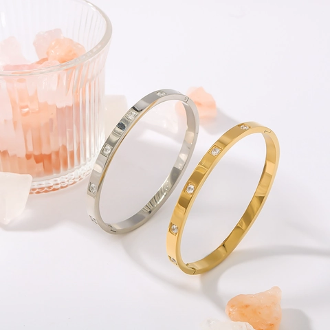 Minimalist Stainless Steel Bangle Square Cut Zirconia Inset Oval Bangle With Side Clasp Elegant Jewelry For Women