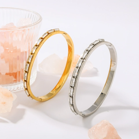 Bracciale Rigido In Acciaio Inossidabile Da Donna Con Zirconia Cubica Taglio Baguette Rettangolare Stile INS Retro