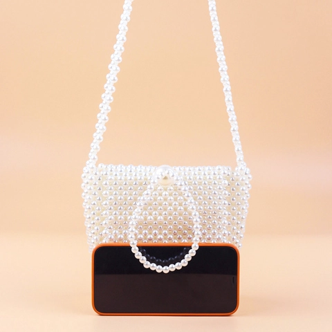 Sac Seau Élégant Tissé à la Main en Künstliche Perles pour Femmes Sac à Main de Luxe Vintage en Acrylique Blanc Avec Longue Bandoulière pour Mariage Fête