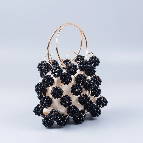 Pochette Con Perline Fatta A Mano Borsa Da Sera In Acrilico Traforata Manico Ad Anello In Metallo
