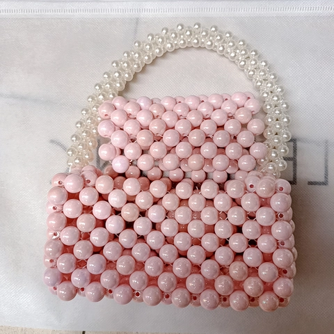 Acrylic Beaded Handbag With Artificial Pearl Handle Handmade Woven Sweet Pink Mini Square Flap Bag For Women