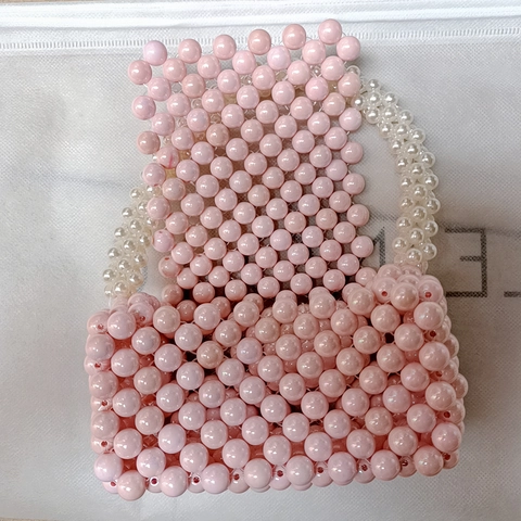 Acrylic Beaded Handbag With Artificial Pearl Handle Handmade Woven Sweet Pink Mini Square Flap Bag For Women