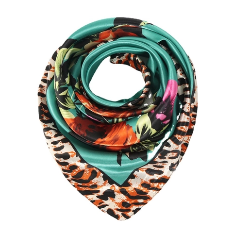 Women Elegant Square Scarf Satin Simulated Satin Leopard Floral Print Large Retro Luxury Wrap Headscarf