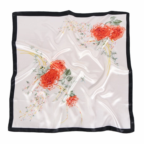 Women Elegant Floral Print Square Scarf Simulated Satin Satin Glossy Decorative Fashion Accessory