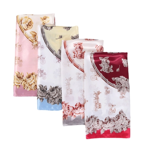 Women Satin Satin Square Scarf Vintage Carriage Rose Print Large Hijab Shawl Sunscreen Decorative Headscarf