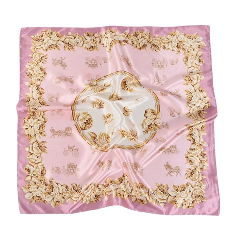 Women Satin Satin Square Scarf Vintage Carriage Rose Print Large Hijab Shawl Sunscreen Decorative Headscarf