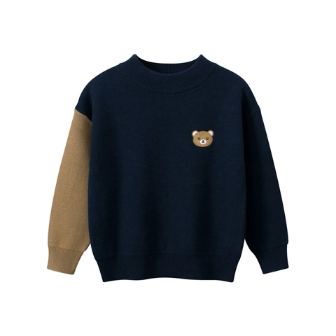 Maglione In Cotone Per Ragazzi Girocollo Maniche Lunghe Maglieria Patchwork Ricamo Orsacchiotto Per Bambini