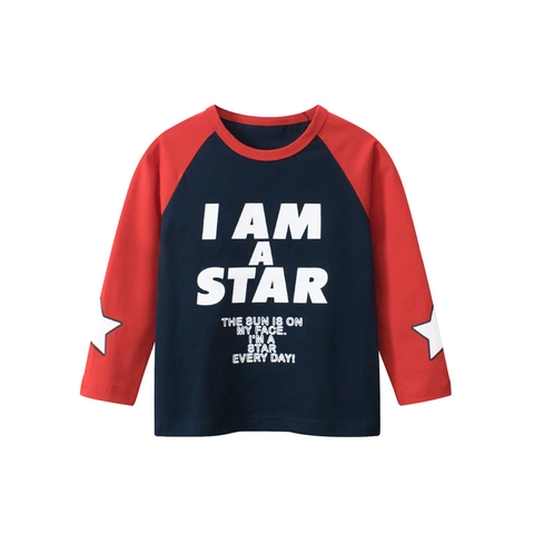 Boys Long Sleeve Cotton T-Shirt Raglan Patchwork Slogan Print Star Pattern Casual Top For Kids Spring Autumn Apparel