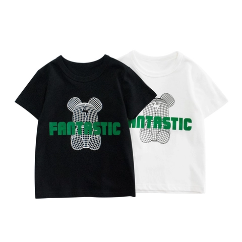 Kids Boys Girls 100% Cotton Short Sleeve T-Shirt Cartoon Geometric Bear Graphic Print Summer Casual Round Neck Toddler Baby Fashion Top