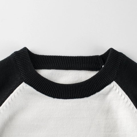 Pull En Maille De Coton Pour Garçons Style Varsity Manches Raglan Col Rond Graphique Rayé Haut