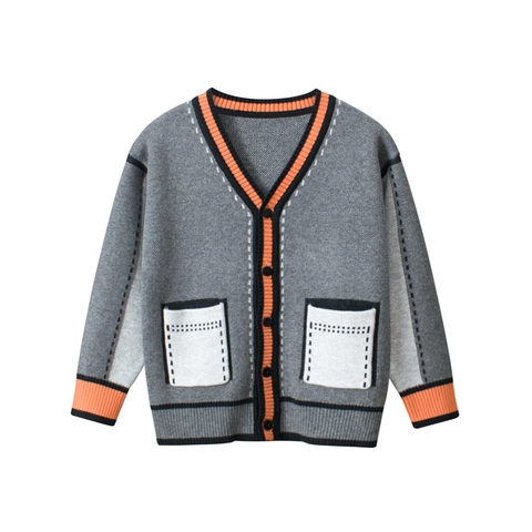 Cardigan En Maille Pour Enfants Col En V Mélange De Coton Pull À Boutons Avec Bordure Contrastée Pour Petits Garçons Filles