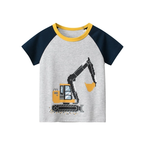 T-shirt A Maniche Corte Per Ragazzi Puro Cotone Maniche Raglan Stampa Escavatore Pixel Top Casual Girocollo Per Bambini