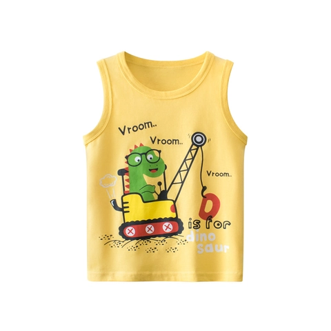 Boys 100% Cotton Sleeveless Tank Top Cartoon Dinosaur Excavator Print Summer Casual Round Neck Kids Vest Top