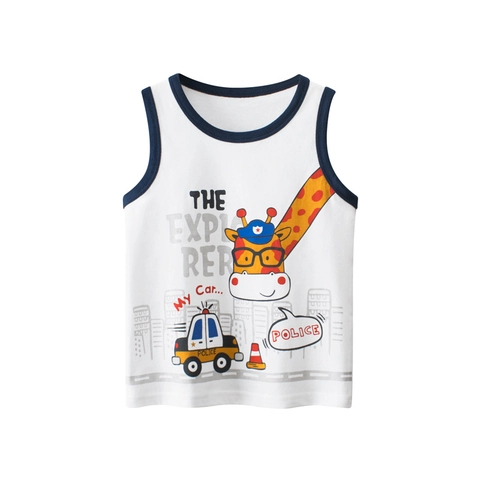 Toddler Boys 100% Cotton Sleeveless Vest Korean Style Cartoon Giraffe Police Car Summer Tank Top Casual Kids Shirt
