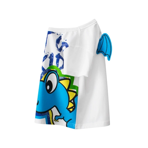 Boys 100% Cotton Cartoon Dinosaur T-Shirt With 3D Wings Short Sleeve Round Neck Summer Casual White Kids Top