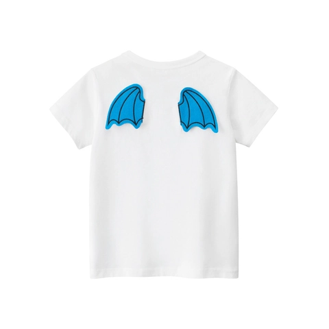 Boys 100% Cotton Cartoon Dinosaur T-Shirt With 3D Wings Short Sleeve Round Neck Summer Casual White Kids Top