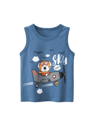 Kids Boys Summer Cotton Sleeveless Tank Top Cartoon Koala Pilot Print Round Neck Casual Sporty Clothes Navy Blue