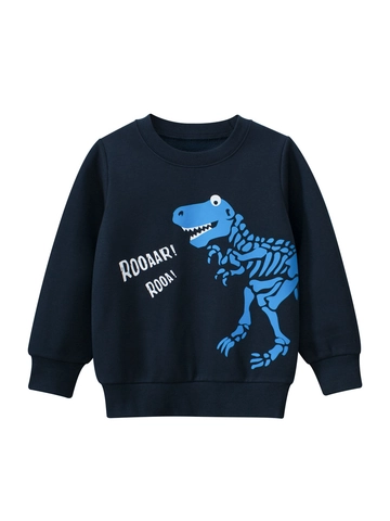 Felpa Da Bambino Misto Cotone Foderata In Pile Manica Lunga Girocollo Stampa Scheletro Dinosauro Stile Coreano