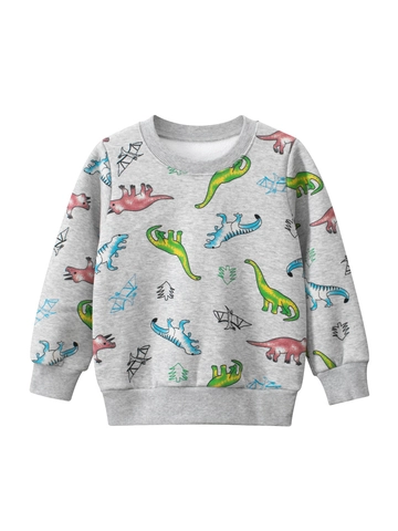 Sudadera de Niño con Estampado de Dinosaurios Forro Polar Cálida Manga Larga Cuello Redondo Mezcla de Algodón Jersey para Niños Gris