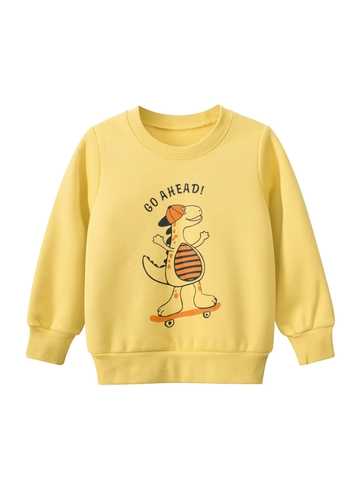 Sudadera Casual para Niños Forrada de Felpa con Estampado de Dinosaurio de Dibujos Animados Monopatín Amarillo Cuello Redondo Manga Larga Mezcla de Algodón Pull-over