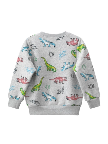 Sudadera de Niño con Estampado de Dinosaurios Forro Polar Cálida Manga Larga Cuello Redondo Mezcla de Algodón Jersey para Niños Gris